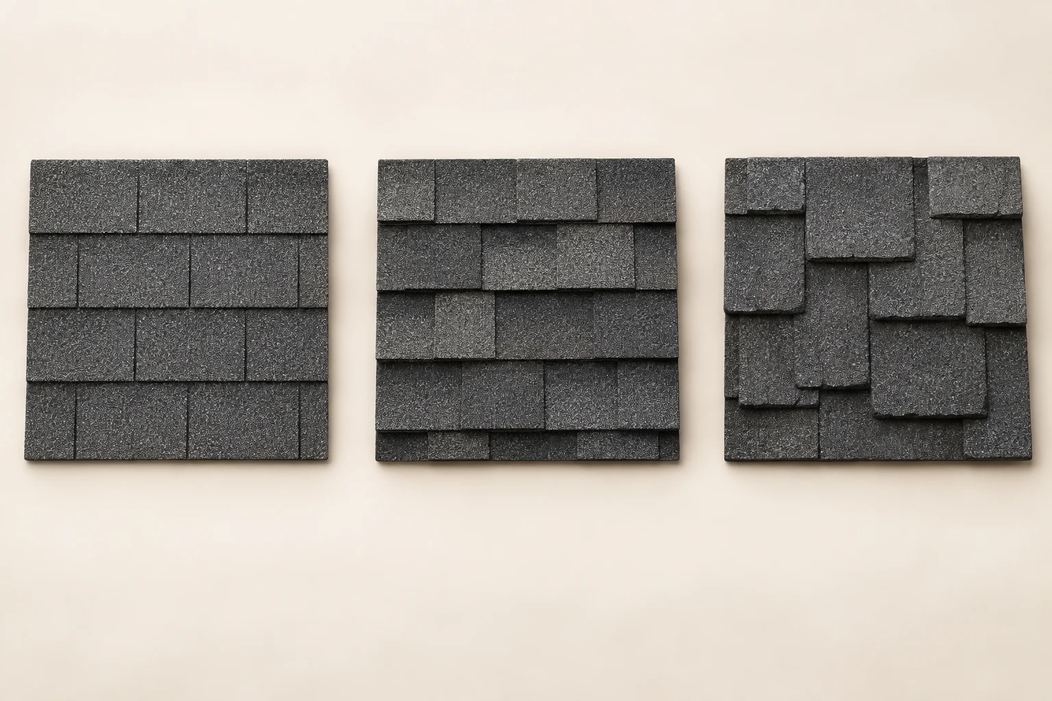 Three different asphalt shingle constructions