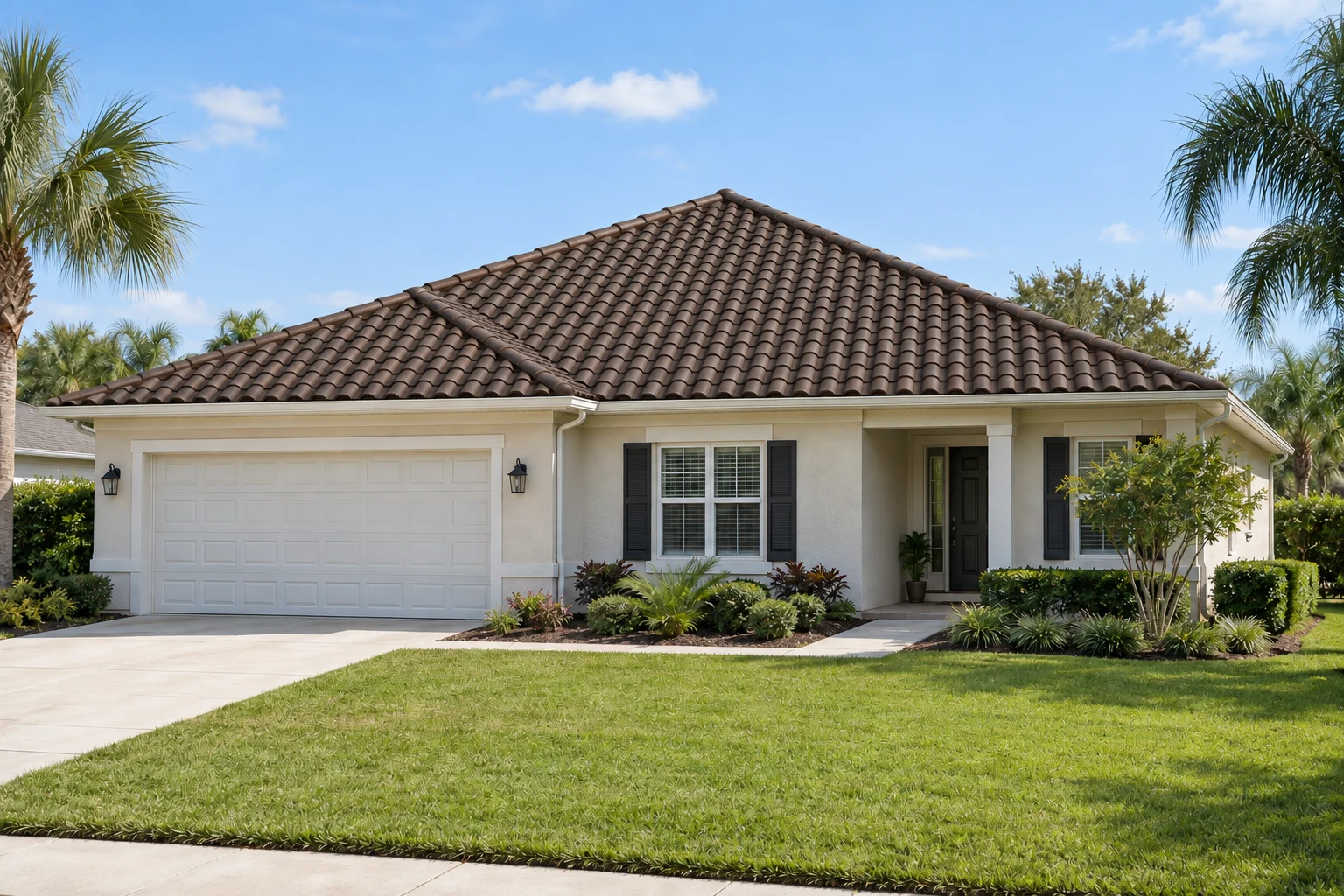 Illustrative Florida home with Espresso brown roofing